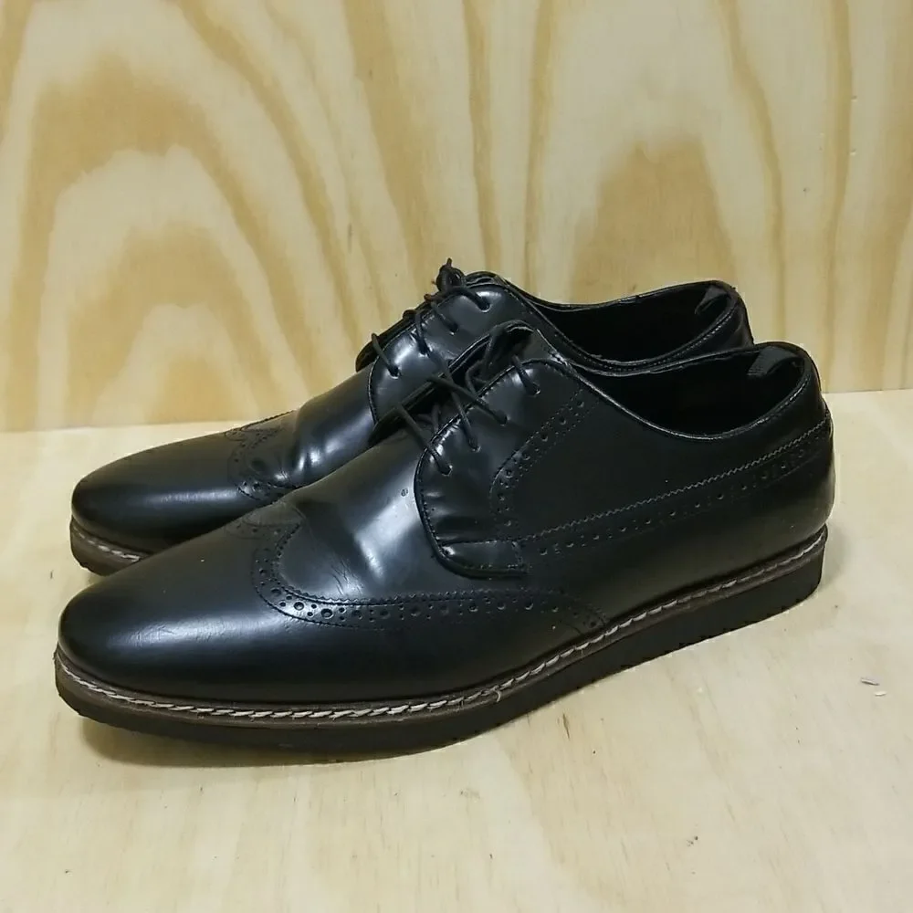 ASOS DESIGN fit brogue shoes in black leather with wedge sole size 13